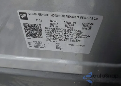 2024 Chevrolet Equinox Awd 2Fl из США, поврежденный, VIN 3GNAXTEG1RL259479